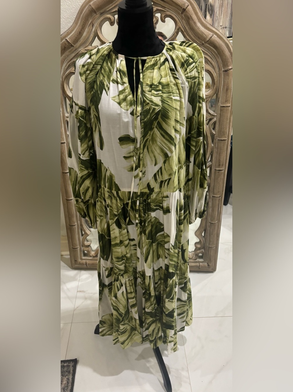 H&M White and Green Tropical Leaf Midi Dress